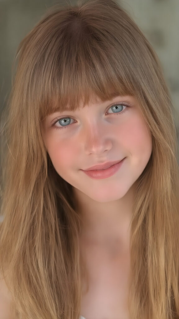 A (((highly detailed and realistic full-body photograph))), featuring a (((beautiful young ginger girl))) with ((extremely long, thick, soft straight hair)) that flows down in (soft gentle waves) and perfectly natural (pale skin) that complements her flawless complexion. She’s smiling warmly against a backdrop of natural light, with her ((natural ginger hair)) artfully styled in a loose bangs frame her face beautifully. Light green eyes add a pop of color to the scene