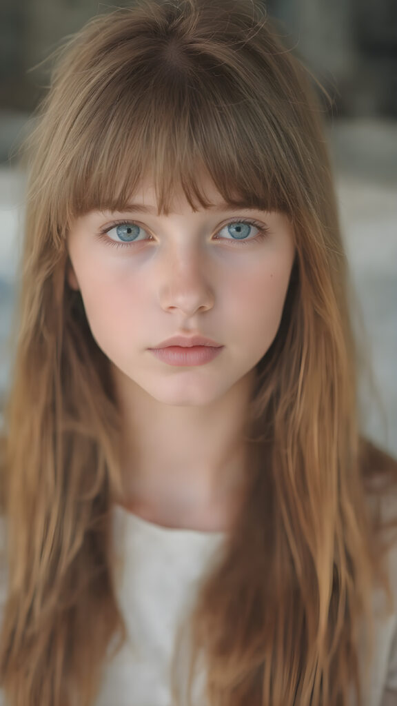 A (((highly detailed and realistic full-body photograph))), featuring a (((beautiful young girl))) with ((extremely long, thick, soft straight hair)) that flows down (soft and gentle) and perfectly natural (pale skin) that complements her flawless complexion, against a backdrop of natural light, with her ((natural ginger red hair)) artfully styled in a loose bangs frame her face beautifully, looks direct in your eyes