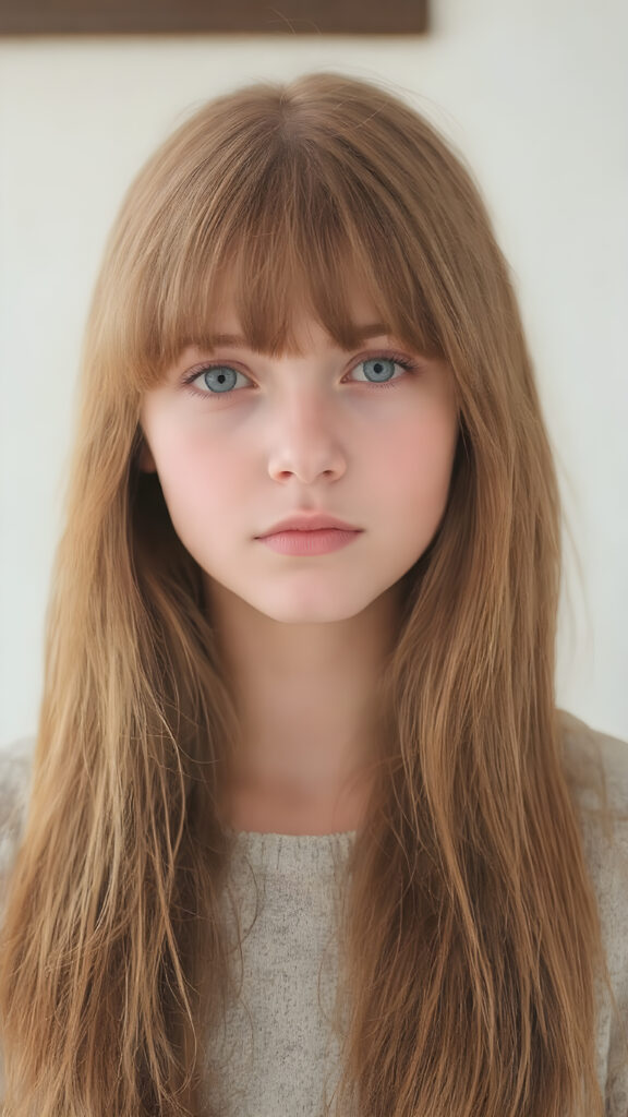 A (((highly detailed and realistic full-body photograph))), featuring a (((beautiful young girl))) with ((extremely long, thick, soft straight hair)) that flows down (soft and gentle) and perfectly natural (pale skin) that complements her flawless complexion, against a backdrop of natural light, with her ((natural ginger red hair)) artfully styled in a loose bangs frame her face beautifully, looks direct in your eyes