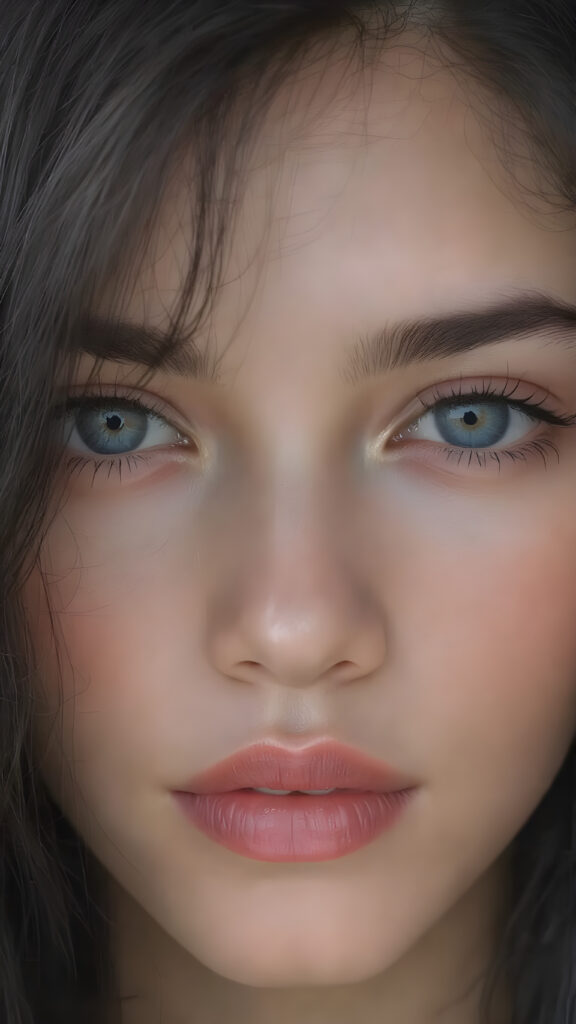 A (((highly detailed))) and ((realistically beautiful)) teen girl with a ((flawless face)), full plump (((kissable lips))), symmetrical nose, (((bright white skin))), straight ((black hair)) with (long, wavy hair) that gently flows down to her shoulders, and (((full, defined red lips))), that are (extremely detailed) and (hyper-realistic) with intricate details and patterns that mimic the natural texture of a (human face), representing a (super realistic beauty) that exudes confidence and allure