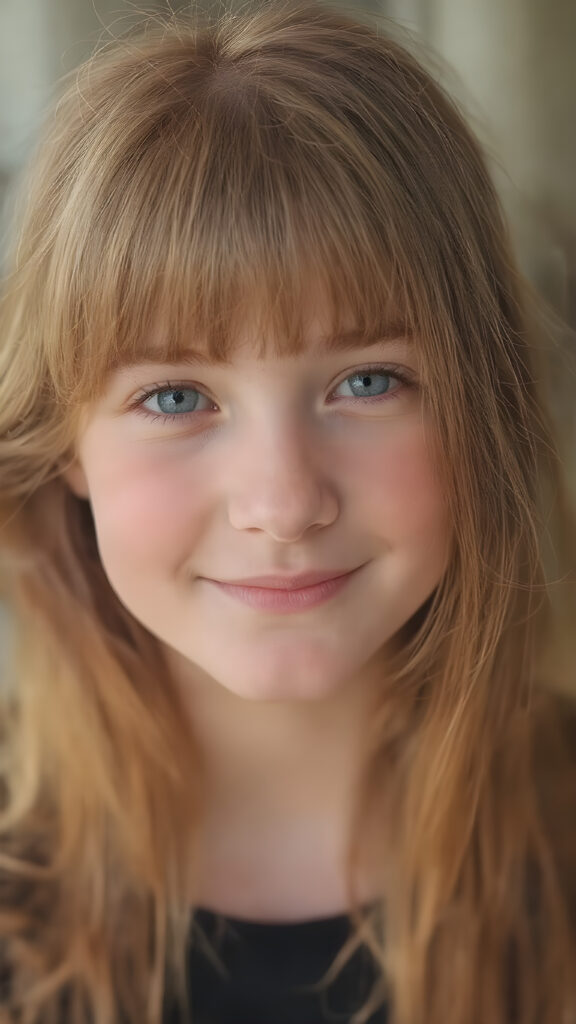 A (((highly detailed and realistic full-body photograph))), featuring a (((beautiful young ginger girl))) with ((extremely long, thick, soft straight hair)) that flows down in (soft gentle waves) and perfectly natural (pale skin) that complements her flawless complexion. She’s smiling warmly against a backdrop of natural light, with her ((natural ginger hair)) artfully styled in a loose bangs frame her face beautifully. Light green eyes add a pop of color to the scene