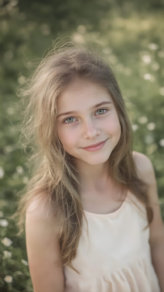 A highly realistic portrait of a cute young adult teen girl with long, flowing brown hair, naturally blowing in the wind. She is standing in a sunlit meadow with wildflowers, wearing a soft pastel-colored summer dress. Her skin has a natural texture, her big hazel eyes are full of joy, and her face shows a gentle, innocent smile. The image features lifelike lighting, soft shadows, high detail in the facial features, and a shallow depth of field. Style: ultra-realistic, photographic, 85mm lens effect, golden hour lighting.