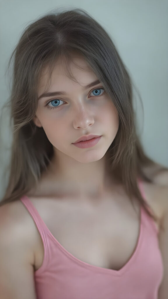 A (((hyper realistic full body image))) of a (((beautiful young teen girl))), with delicate yet silver skin, and (((vividly colored, semi-realistic blue eyes))), dressed in a soft, ((pink and pastel tank top, deep v-neck)) that complements her ethereal beauty. Her (((long, black hair))) softly flows down her back in and emits a (soft glow) that highlights her youthful features. She exudes an air of innocence and curiosity