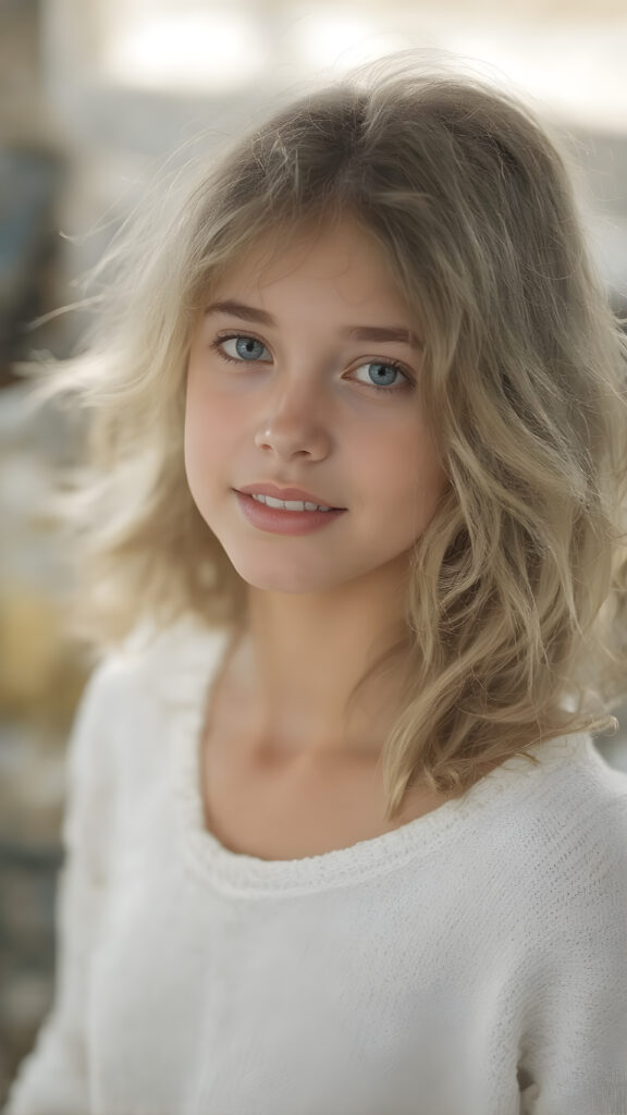 A (hyper-realistic, highly-detailed, vivid (((full body ((profile)) photo))), with ((warm glowing highlights)), ((softly backlit)), of a cute, innocent, ((skinny but toned)), ((teen girl)) with a ((perfect round, plump lips)), and ((semi-long, wavy, dirty blonde, casually styled hair)), wearing a ((white wool sweater)), paired with ((flared, loose pants)), in a ((natural, cheerful, happy expressions)), and ((looking directly into the camera))