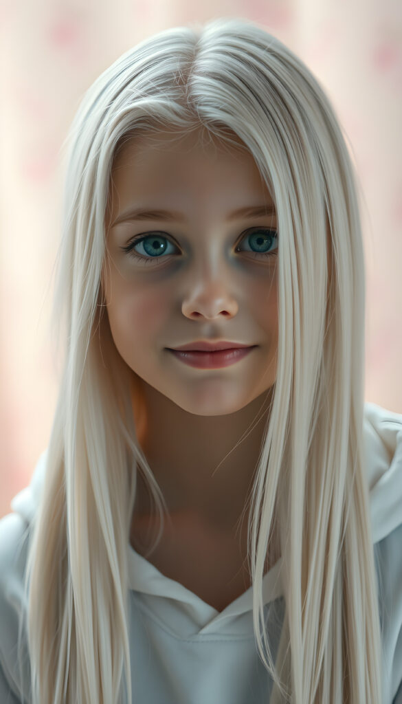 A hyper-realistic, highly detailed, vivid portrait of a young girl with long, straight, soft white hair cascading down her back, wearing a white, thin hoodie that fits snugly, her face is round and detailed, with full lips that are slightly parted, her eyes are a deep, captivating shade of blue, and she has a gentle smile on her face, set against a soft, pastel-colored background with a subtle bokeh effect, creating a dreamy, ethereal atmosphere.