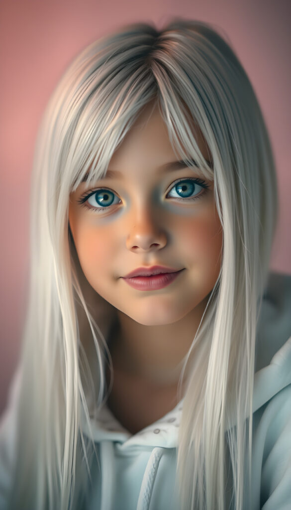 A hyper-realistic, highly detailed, vivid portrait of a young girl with long, straight, soft white hair cascading down her back, wearing a white, thin hoodie that fits snugly, her face is round and detailed, with full lips that are slightly parted, her eyes are a deep, captivating shade of blue, and she has a gentle smile on her face, set against a soft, pastel-colored background with a subtle bokeh effect, creating a dreamy, ethereal atmosphere.