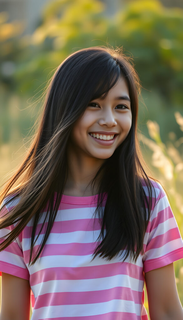 A joyful happy Filipino teenage girl with long black hair with the same length right and the left side, wearing a vibrant pink and white striped cropped t-shirt, stands in a sunlit meadow. Her bright eyes sparkle with happiness as she twirls, with a soft, dreamy atmosphere and a warm, golden glow that enhances her radiant smile. The scene is filled with a sense of carefree bliss and youthful energy centered portrait