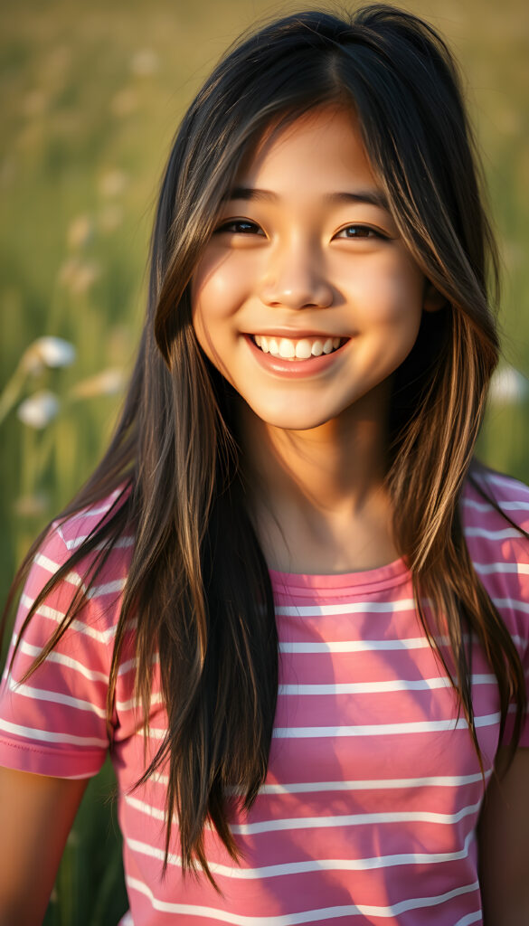 A joyful happy Filipino teenage girl with long black hair with the same length right and the left side, wearing a vibrant pink and white striped cropped t-shirt, stands in a sunlit meadow. Her bright eyes sparkle with happiness as she twirls, with a soft, dreamy atmosphere and a warm, golden glow that enhances her radiant smile. The scene is filled with a sense of carefree bliss and youthful energy centered portrait
