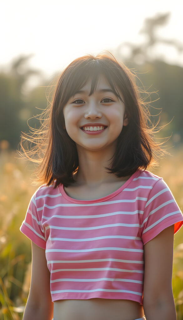 A joyful happy Filipino teenage girl with long black hair with the same length right and the left side, wearing a vibrant pink and white striped cropped t-shirt, stands in a sunlit meadow. Her bright eyes sparkle with happiness as she twirls, with a soft, dreamy atmosphere and a warm, golden glow that enhances her radiant smile. The scene is filled with a sense of carefree bliss and youthful energy centered portrait