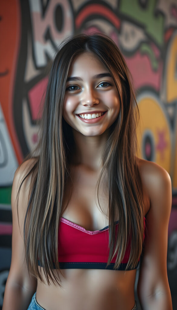 A joyful young busty teen girl with long, straight fine hair falls down to her body, sparkling eyes stands in front of a vibrant, graffiti-covered wall. She wears a colorful cropped tank top, deep v-neck, revealing a playful and energetic demeanor. The lighting is warm and inviting, casting a soft glow on her features.