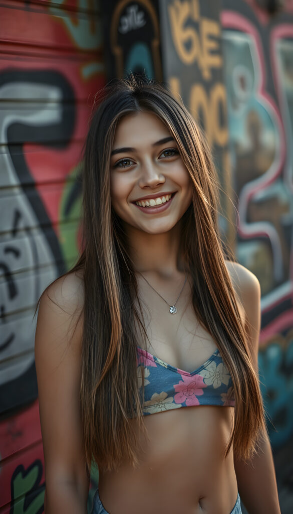 A joyful young busty teen girl with long, straight fine hair falls down to her body, sparkling eyes stands in front of a vibrant, graffiti-covered wall. She wears a colorful cropped tank top, deep v-neck, revealing a playful and energetic demeanor. The lighting is warm and inviting, casting a soft glow on her features.