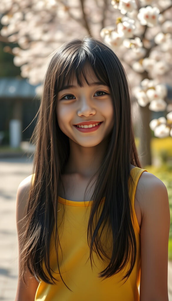 A joyful young Japanese girl with long, silky black hair featuring light brown highlights and soft bangs stands in front of the viewer. Her round face is adorned with sparkling, deep black eyes and a warm, radiant smile that reveals full, plump red lips. She wears a vibrant, cropped tank top in a bright, cheerful color, exuding an air of innocence and happiness. The scene is set in a sunlit garden with blooming cherry blossoms, creating a serene and enchanting atmosphere. The image is captured in a dynamic, slightly tilted composition, emphasizing her lively and cheerful demeanor.