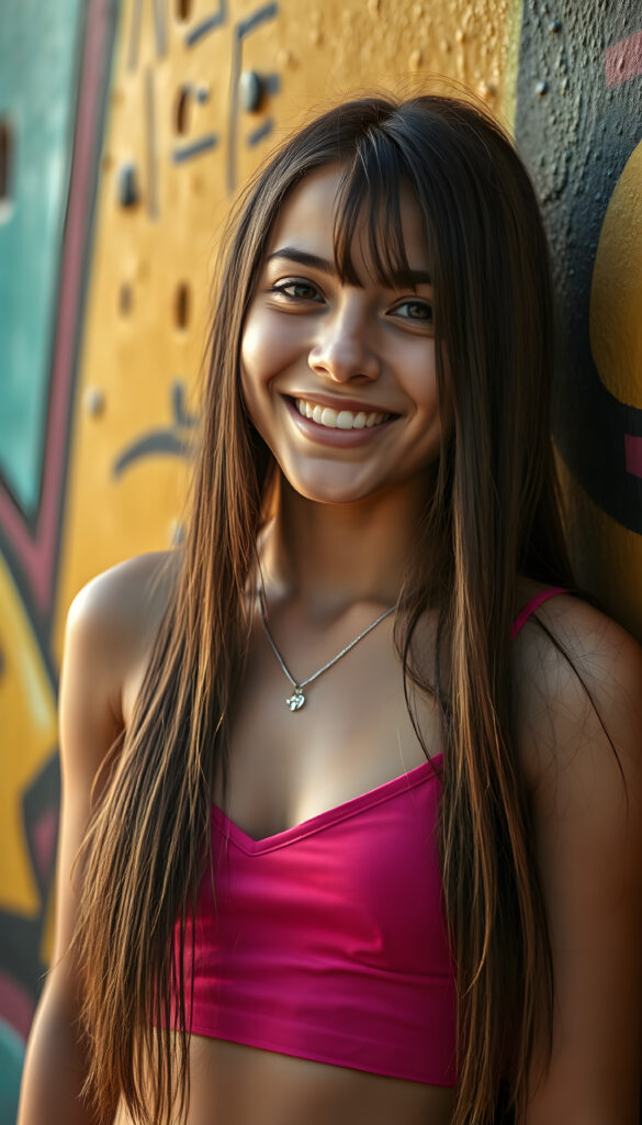 A joyful young busty teen girl with long, straight fine hair falls down to her body, sparkling eyes stands in front of a vibrant, graffiti-covered wall. She wears a colorful cropped tank top, deep v-neck, revealing a playful and energetic demeanor. The lighting is warm and inviting, casting a soft glow on her features.