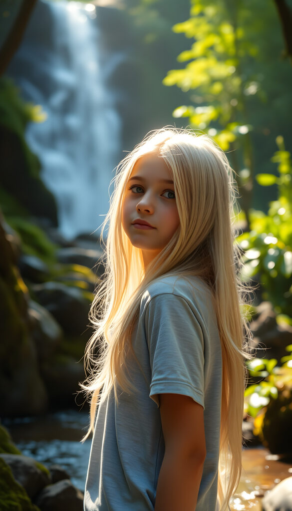 A magical scene set in a vibrant forest with a young girl with long white hair, wearing a light grey t-shirt, standing near a mystical waterfall with sparkling water and lush greenery around her, bathed in soft, golden sunlight, making the scene look ethereal and enchanting.
