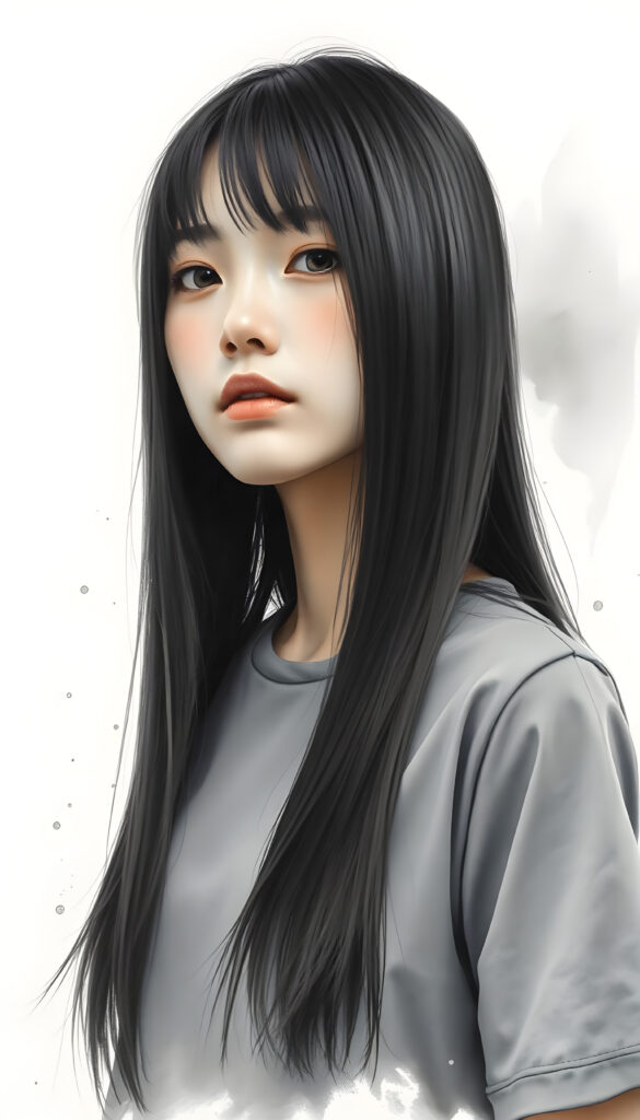 A masterpiece of a picture show you a young Korean girl with straight jet very long black hair falls down to her upper body, framing her face, same lengths. She is dressed in a grey sleek t-shirt, perfect female curved body.