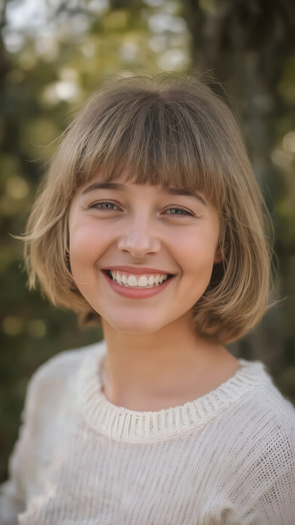 A (((natural girl))) with natural bob haircut, straight hair, and a radiant complexion, embodying the essence of youthful beauty in a (((vintage, pin-up style))), full figure body image, showcasing her radiant skin and delicate, softly-toned natural makeup, against a backdrop of a (((natural, outdoor environment))) that brings to mind the spirit of natural beauty and the timeless allure of a bygone era. She is wearing a fine white sweater made of wool, she laughs heartily with her mouth wide open and her teeth white