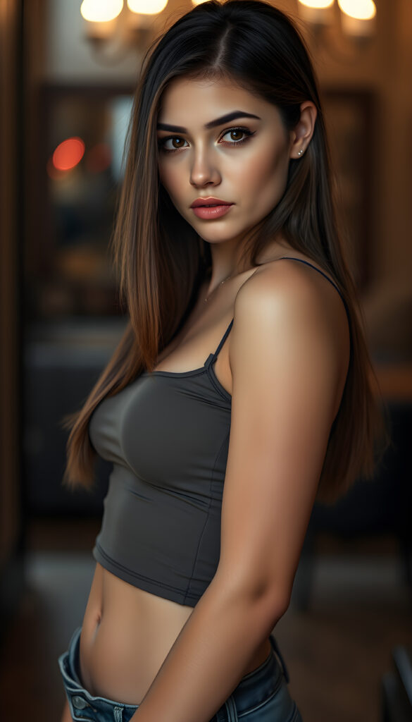 A nice, pretty well busty girlie posed seductive, with straight shoulder length, silky hair left and right the same length, full, plump lips, a round face, large, round, sparkling amber eyes, and round cheeks. She looks very innocent and she has a wonderful feminine body and wears a short, tight minimal tank top that perfectly accentuates her figure. She wears short, tight jeans and has tanned legs.