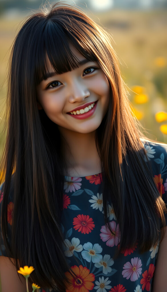A playful young Asian woman with straight, silky soft detailed black hair cascading over her shoulders, wearing a vibrant, floral t-shirt that highlights her warm smile and her perfect female body. Her full lips and sparkling amber eyes exude innocence, while her round cheeks add a touch of cuteness. She strikes a cheerful pose in a sunny meadow, with a cheerful, carefree vibe.