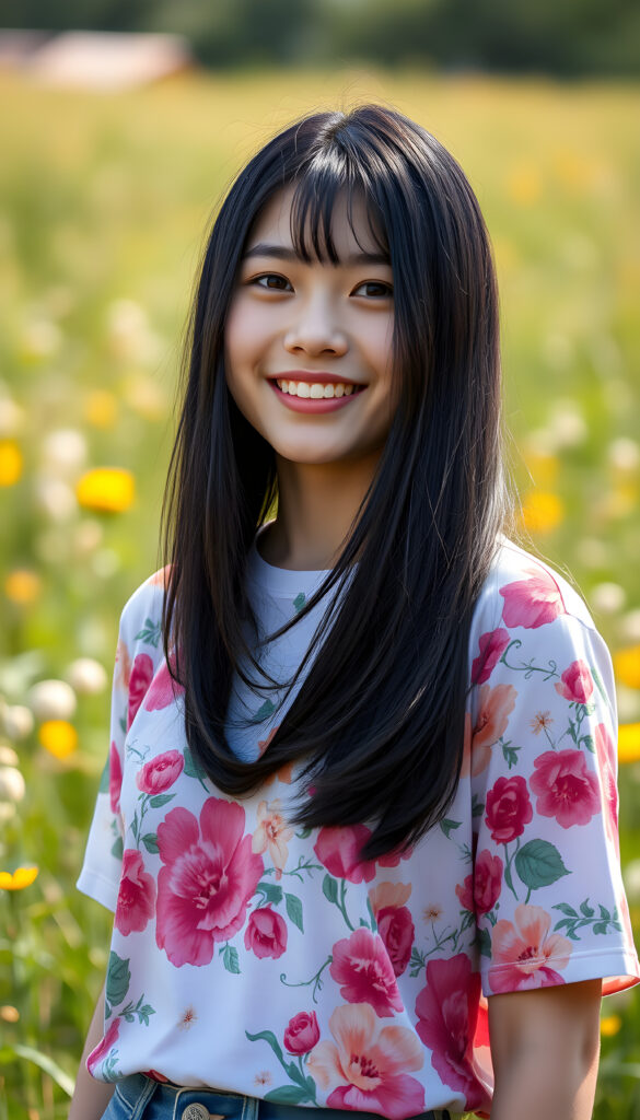 A playful young Asian woman with straight, silky soft detailed black hair cascading over her shoulders, wearing a vibrant, floral t-shirt that highlights her warm smile and her perfect female body. Her full lips and sparkling amber eyes exude innocence, while her round cheeks add a touch of cuteness. She strikes a cheerful pose in a sunny meadow, with a cheerful, carefree vibe.