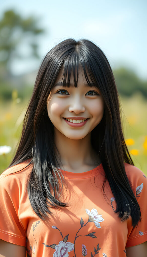 A playful young Asian woman with straight, silky soft detailed black hair cascading over her shoulders, wearing a vibrant, floral t-shirt that highlights her warm smile and her perfect female body. Her full lips and sparkling amber eyes exude innocence, while her round cheeks add a touch of cuteness. She strikes a cheerful pose in a sunny meadow, with a cheerful, carefree vibe.