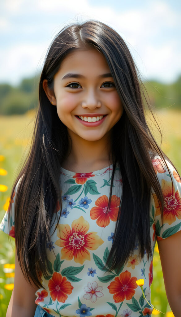 A playful young Asian woman with straight, silky soft detailed black hair cascading over her shoulders, wearing a vibrant, floral t-shirt that highlights her warm smile and her perfect female body. Her full lips and sparkling amber eyes exude innocence, while her round cheeks add a touch of cuteness. She strikes a cheerful pose in a sunny meadow, with a cheerful, carefree vibe.
