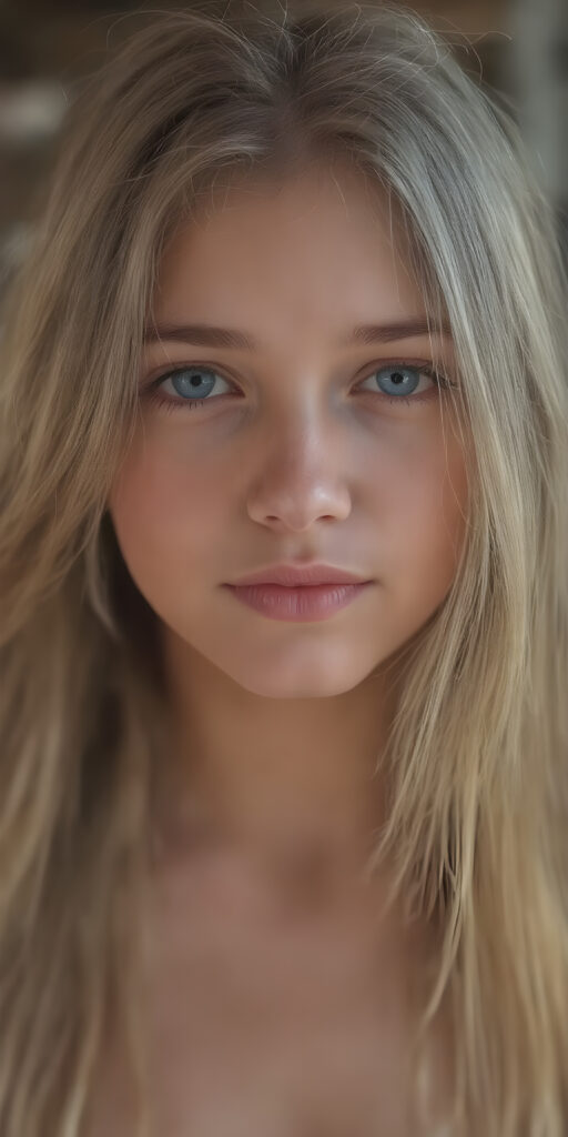 A (((professional full body photograph ))) showcasing a (((beautiful, seductive, and charming young teen girl))) with a luxuriously long, straight blonde hair, framed by her ((thickly proportioned, yet incredibly toned and flawlessly proportioned body)), accentuated by a (full complement of natural, bright white teeth) and (no visible pores on her skin). She's exuding a youthful vibe with a (distinctive, yet subtle difference in the texture of her skin) that gives off an air of sophistication and seduction. Her eyes are a vivid and captivating (((light blue))), with the perfect complement of (big, bright white teeth) and (no visible pores on her skin), making for a truly breathtaking full body shot