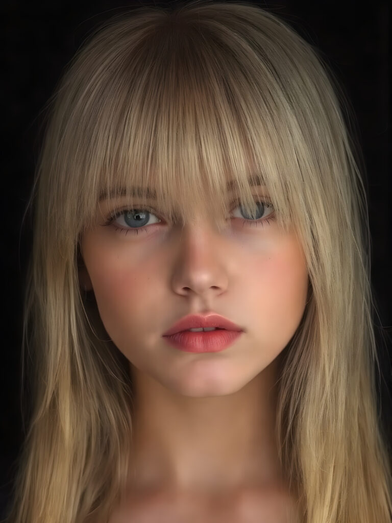A (((professional photograph))) featuring a girl with beautifully straight, long, flowing blond hair framing her face, intricate details and patterns that mimic the texture of skin, with perfectly symmetrical, evenly spaced bangs that extend gracefully outwards. Her lips are full, painted in dramatic red color contrasted by the black background, creating a stunningly visual impact