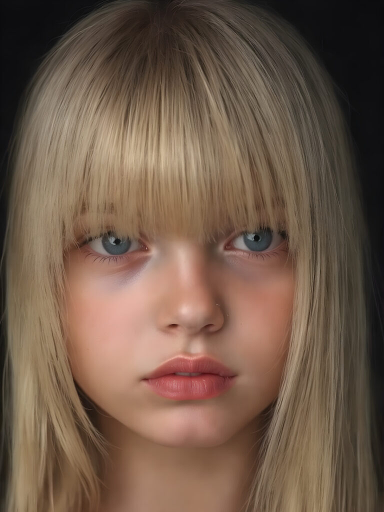 A (((professional photograph))) featuring a girl with beautifully straight, long, flowing blond hair framing her face, intricate details and patterns that mimic the texture of skin, with perfectly symmetrical, evenly spaced bangs that extend gracefully outwards. Her lips are full, painted in dramatic red color contrasted by the black background, creating a stunningly visual impact