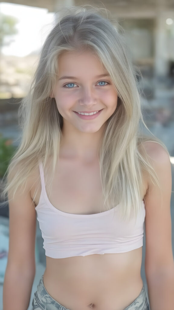 A (((professional photograph))) featuring a beautiful, super realistic and ultra detailed (((young teen girl))), with extremely long, straight, thick and untucked natural white golden blonde hair, and bright blue eyes, dressed in a sleek, ((skin tight translucent low cut crop top)) and ((tattered shorts)), looking confident and happy into the camera. Her focus is on her full body, exuding a playful and cheerful vibe. The scene is set in a (((beautifully drawn, sunny outdoor backdrop))) that brings to mind a dreamy summer day.