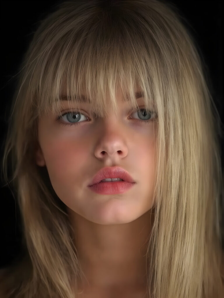 A (((professional photograph))) featuring a girl with beautifully straight, long, flowing blond hair framing her face, intricate details and patterns that mimic the texture of skin, with perfectly symmetrical, evenly spaced bangs that extend gracefully outwards. Her lips are full, painted in dramatic red color contrasted by the black background, creating a stunningly visual impact