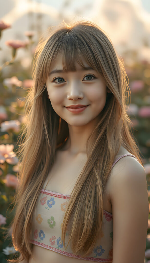 A radiant portrait of a young Korean girl with long, flowing blonde hair and soft bangs, her eyes sparkling with vibrant blue hues, adorned in a colorful crop top. She stands confidently in a whimsical, pastel-hued garden filled with blooming flowers, bathed in soft, golden sunlight. Her smile is warm and inviting, enhancing her youthful charm and beauty. The background features dreamy, pastel-colored clouds and gentle light beams, creating a serene and enchanting atmosphere.