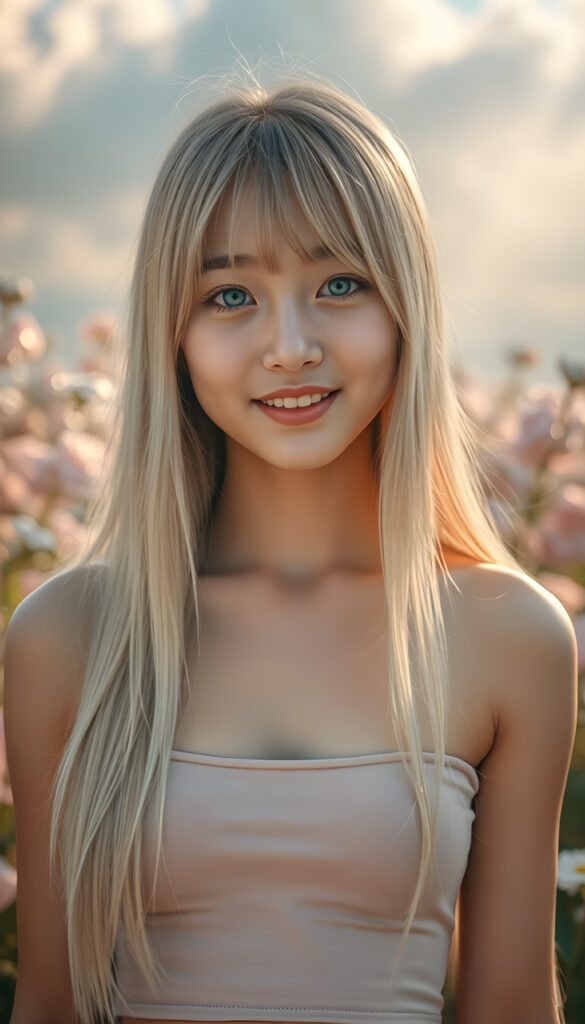 A radiant portrait of a young well busty Korean girl with long, super straight fine blonde hair and soft bangs, her eyes sparkling with vibrant blue hues, adorned in a tight cropped tank top, deep neck. She stands confidently in a whimsical, pastel-hued garden filled with blooming flowers, bathed in soft, golden sunlight. Her smile is warm and inviting, enhancing her youthful charm and beauty. The background features dreamy, pastel-colored clouds and gentle light beams, creating a serene and enchanting atmosphere.