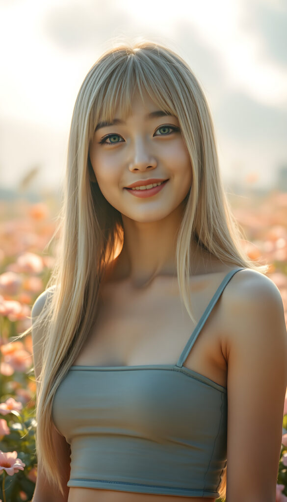A radiant portrait of a young well busty Korean girl with long, super straight fine blonde hair and soft bangs, her eyes sparkling with vibrant blue hues, adorned in a tight cropped tank top, deep neck. She stands confidently in a whimsical, pastel-hued garden filled with blooming flowers, bathed in soft, golden sunlight. Her smile is warm and inviting, enhancing her youthful charm and beauty. The background features dreamy, pastel-colored clouds and gentle light beams, creating a serene and enchanting atmosphere.
