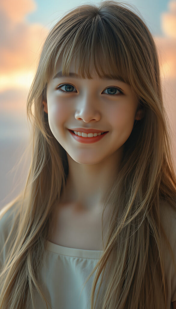 A radiant portrait of a young Korean girl with long, flowing blonde hair and soft bangs, her eyes sparkling with vibrant blue hues, adorned in a short crop top. Her smile is warm and inviting, enhancing her youthful charm and beauty. The background features dreamy, pastel-colored clouds and gentle light beams, creating a serene and enchanting atmosphere.