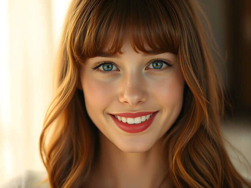 A radiant young teenage girl with a flawless, flawless silver complexion, her deep blue eyes shimmering with reflections of light, set against a soft, ethereal background. Her full, red lips are slightly parted, revealing a dazzling smile with white teeth. Her hair is a rich, reddish-brown, flowing in gentle waves and bangs that frame her face perfectly. The scene is bathed in a warm, golden light, highlighting her youthful beauty and creating a sense of serene elegance.
