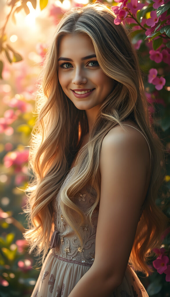 A radiant young woman stands gracefully in an enchanted garden, her lustrous, silky, and wavy hair cascading down her shoulders like golden threads, her serene smile radiating warmth and tranquility, her eyes sparkling like stars. Her flowing hair is illuminated by the soft, ethereal sunlight filtering through the colorful, lush foliage, creating a mesmerizing, vibrant contrast of hues. Her shimmering dress, adorned with intricate floral patterns, blends seamlessly with the vibrant garden, making her appear as if she is part of a magical painting. The scene is bathed in soft, warm light, casting a dreamy glow over the entire composition, with butterflies and a few gentle rays of sunlight peeking through the leaves.