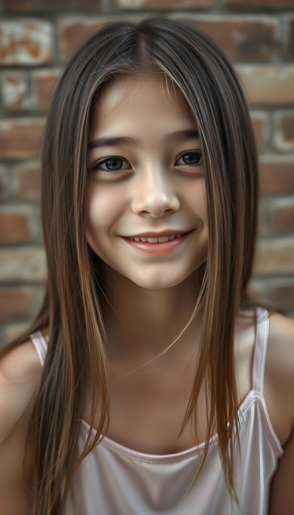A realistic photo from a vibrant, high-angle view of a cheerful young girl with soft brown long straight hair and black highlights framing her face in the same length left and right. Her round, expressive face is flawless. She wears a stylish, thin colored tank top made of fine silk, blending harmoniously with her natural beauty, all against a brick wall.