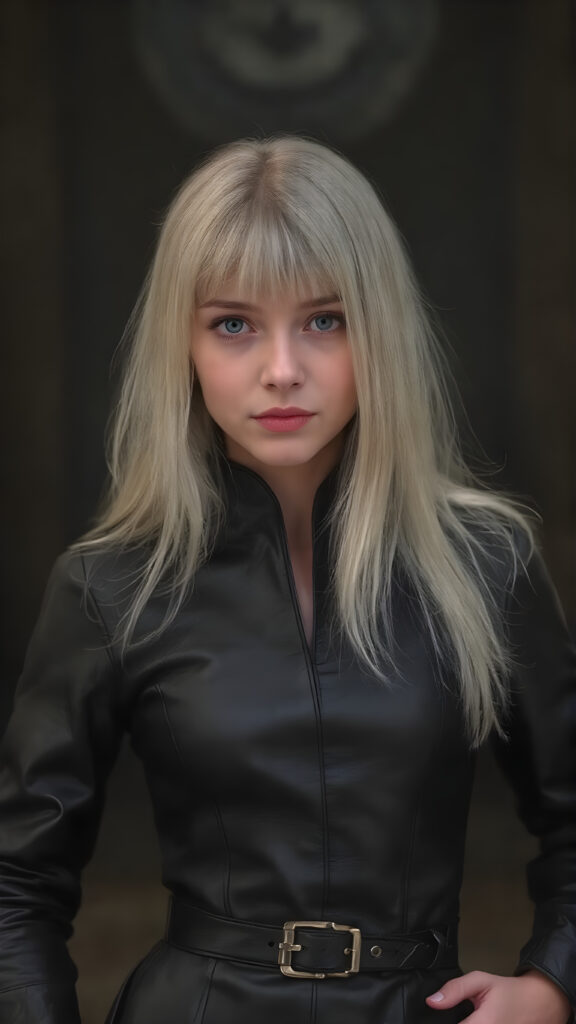 A (((realistically captured high-resolution photograph))), portraying a (((beautiful young girl))) with ((straight, long, white hair)) and (((black irises))) in a (((black leather armor leader suit))), accessorized with a (((golden belt))), poised confidently with a (((subtle smile))) that gives off a youthful, powerful allure, seductive, full body shot, reminiscent of the 40s, with a (((perfectly proportioned figure))), emphasizing its (modern sophistication) and vintage fashion themes, set against a backdrop of (detailed, ultra high definition rendering), with (sharp focus) on her face and (softly blurred) background that enhances the overall (mysterious atmosphere)