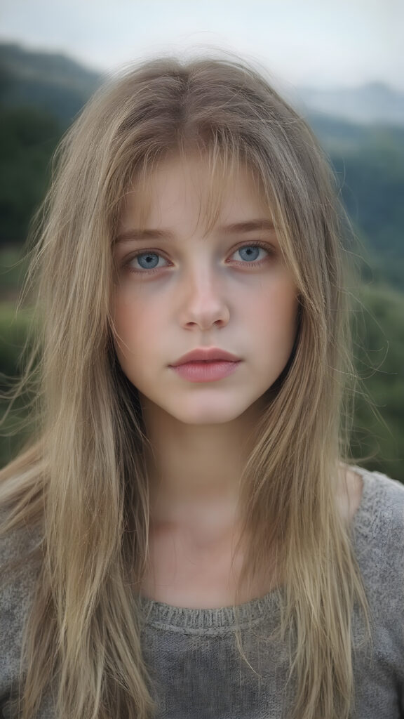 A (((realistically detailed portrait))) of a (((beautiful cute young adult natural teen girl)), with straight long flowing hair, and (((white skin)), juxtaposed against a (((natural backdrop of a (high mountain range) with a (forest so dense it's indistinguishable from the misty green lush forests that surround it), under a (softly glowing, overhead light) that gives off an ethereal halo. Her features are exquisitely drawn, with (((perfect curved lips))), and (((white irises))). The overall style is reminiscent of classic Hollywood cinematography, with a (((natural, ultra realistic complexion))), and a (vivid, highly detailed, full color aesthetic) that completes the (professional, ultra realistic photo)