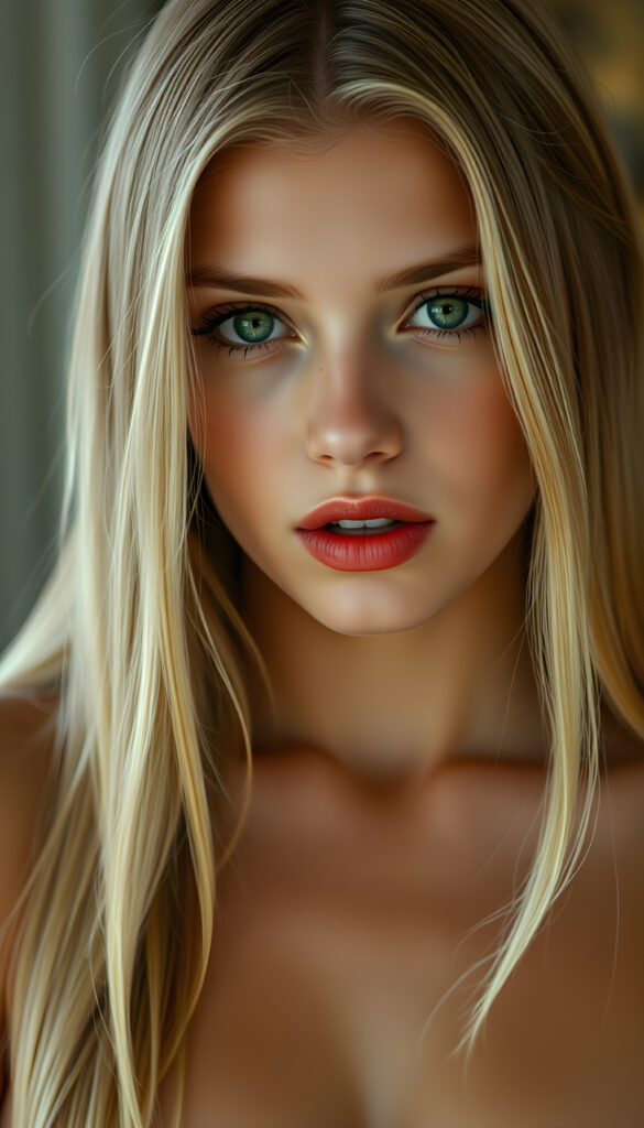 A seductive young girl with flawless skin, a low neckline, full, plump red lips, green eyes, long, straight, silky golden blonde hair, and her mouth slightly open.
