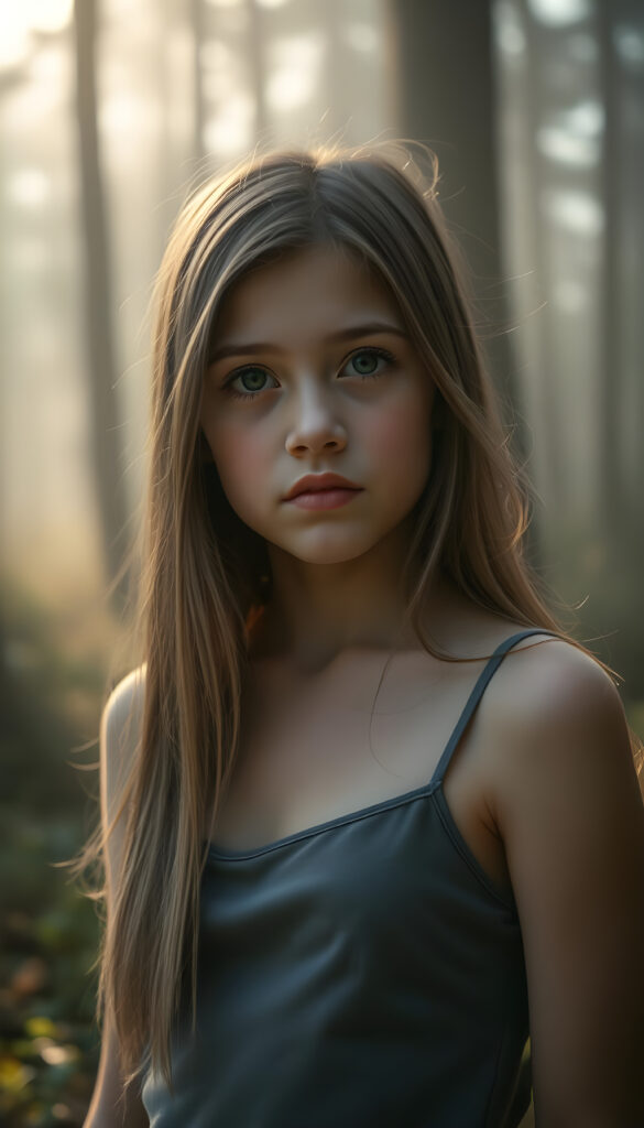 A stunning and beautiful young girl with soft, flowing, straight hair, standing against a serene, misty forest backdrop. She wears a form-fitting, grey camisole vest that highlights her graceful figure. Her hair is detailed with subtle highlights, and her eyes sparkle with an otherworldly charm. The forest is bathed in soft, ethereal light, casting gentle shadows around her. The scene is tranquil, with a hint of magical realism, as if she is part of a serene, fairy-tale-like environment. Her expression is calm and contemplative, adding to the overall serene and enchanting atmosphere.