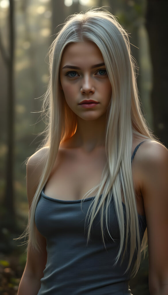 A stunning and beautiful young busty teen girl with soft, flowing, straight white hair, standing against a serene, misty forest backdrop. She wears a form-fitting, grey camisole vest that highlights her graceful figure. Her hair is detailed with subtle highlights, and her eyes sparkle with an otherworldly charm. The forest is bathed in soft, ethereal light, casting gentle shadows around her. The scene is tranquil, with a hint of magical realism, as if she is part of a serene, fairy-tale-like environment. Her expression is calm and contemplative, adding to the overall serene and enchanting atmosphere.