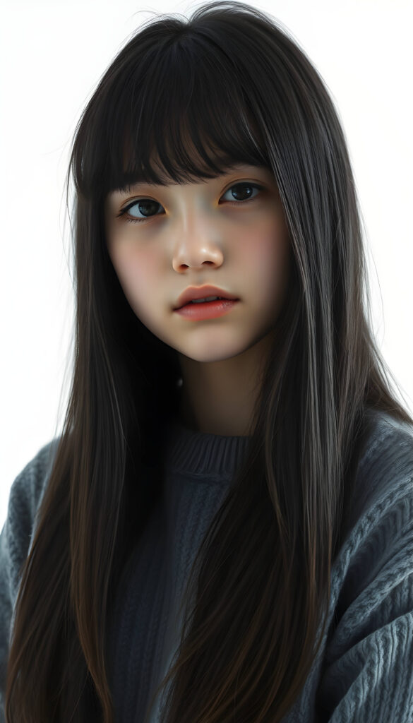 A stunning, detailed digital painting of a young teenage girl with jet-black, thick straight long hair and bangs. She is wearing a cozy grey wool sweater. The background is white, allowing her to stand out. The composition is dynamic, with the girl positioned slightly off-center, adding a sense of movement and depth to the image. Her expression is serene and thoughtful, and the overall style is hyper-realistic with a touch of artistic flair.