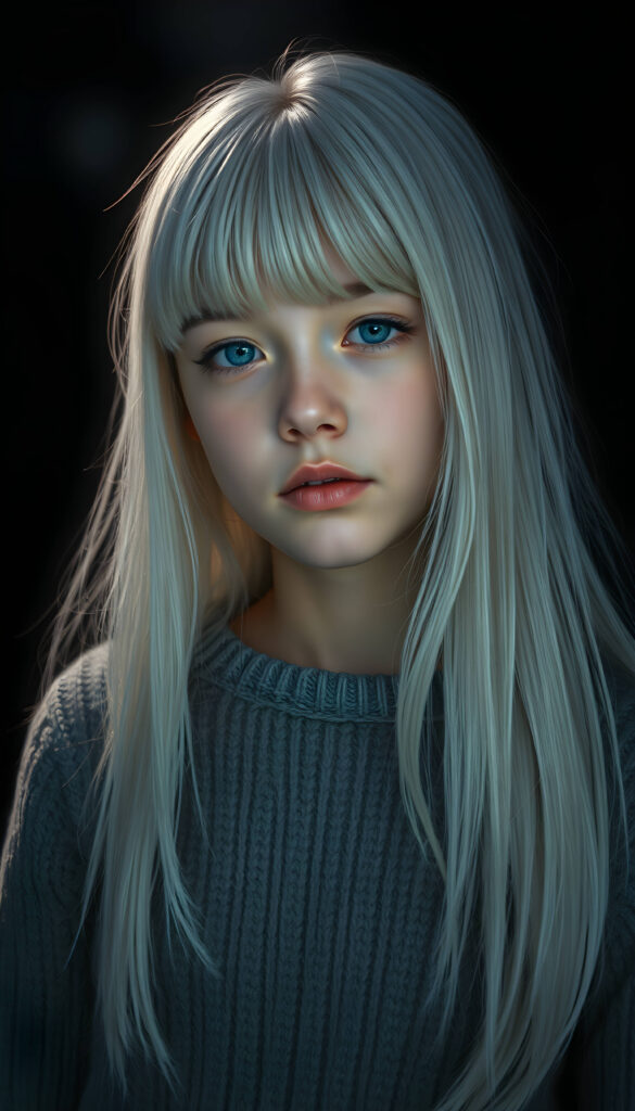 A stunning, detailed digital painting of a young teenage girl with jet-white, thick straight hair and bangs. She is wearing a cozy grey wool sweater. The background is a deep, rich black, allowing her to stand out. The lighting is soft and diffused, creating gentle shadows and highlights that accentuate her features. The composition is dynamic, with the girl positioned slightly off-center, adding a sense of movement and depth to the image. Her expression is serene and thoughtful, and the overall style is hyper-realistic with a touch of artistic flair.