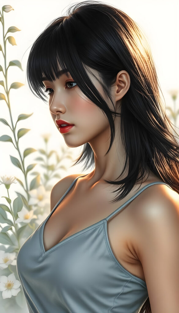 A stunning, ethereal portrait of a beautiful woman with flowing black hair styled in a Korean bob cut with elegant bangs. She wears a light grey cropped tank top with a deep V-neck, revealing her graceful collarbone. Her soft skin and perfect curves are accentuated by the warm, golden lighting, casting a gentle glow across her radiant face and kissable lips. The composition is side-profile, capturing the harmony between her natural beauty and the serene, dreamy atmosphere. The background is softly blurred, with hints of lush greenery and delicate flowers, enhancing the tranquil and enchanting ambiance. The artist's brushstrokes are intricate and detailed, bringing the scene to life with a sense of depth and emotion.