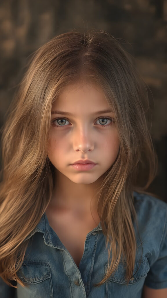 A stunning image featuring a beautiful young girl with long, rich brown hair and luscious dark eyes. Her skin has a warm, natural glow, with perfectly defined facial features and a subtle, sun-kissed complexion. She wears a denim shirt that skillfully accentuates her toned physique. The model poses confidently that exudes elegance and poise. Set against a soft, black background adorned with hints of subtle textures, the scene is bathed in warm, golden hues, highlighting the intricate details and bold color palette of the artwork.