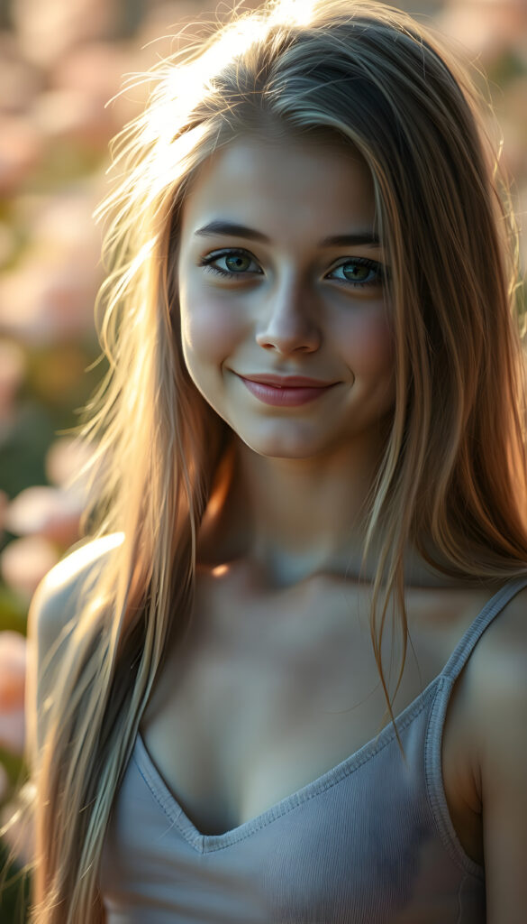 A stunning, silver-skinned girl with long, straight hair in the same length and a round face gazes at the viewer with a gentle smile. She wears a thin, cropped tank top with a deep V-neck, revealing a hint of her collarbone. The lighting is soft and warm, casting a gentle glow on her features. The background is a blurred, pastel-colored garden, enhancing the dreamy, ethereal atmosphere. Her hair is slightly tousled, adding a touch of natural charm. The overall composition is delicate and romantic, with a focus on her serene expression and the play of light on her skin.