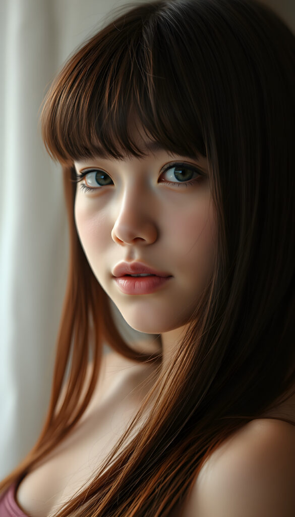 A stunning, youthful girl with impeccably styled bangs and luxurious, soft straight long hair in vibrant maroon. Her face is round, full of life, with expressive full lips and subtly detailed features. Captured in an ultra-high resolution photograph with exceptional color saturation and a soft, out-of-focus background that draws attention to her flawless form. The image is a masterpiece of digital artistry, with every detail meticulously portrayed, from the texture of her hair to the subtle wrinkles on her skin, inviting viewers to appreciate its sublime beauty.