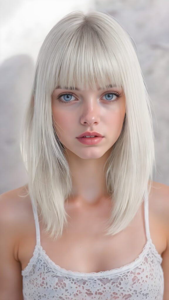 A (((stunningly cute and elegant young teen girl))) with straight, ((soft, silky white hair)), cascades down to her shoulders, framing a round face in bangs and bob cut, she wears a (white lace, cropped tank top) under a soft, glowing spotlight, detailed light blue eyes, seductive