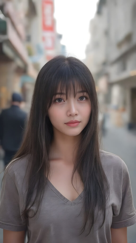 A stunningly detailed (((professional 3D photograph))), capturing a vividly beautiful young Korean girl with extremely long, perfectly straight black hair and bangs that gracefully frames her face. She is wearing a tight, deep v-neck t-shirt that accentuates her toned, natural body. The scene is set at a bustling city street in Korea. She stands confidently, looking into the camera with a serene expression. Her skin is beautifully illuminated by the soft city lights. The advanced prompt signals that the scene should exude a timeless elegance, reminiscent of classic Korean fashion, with a modern twist